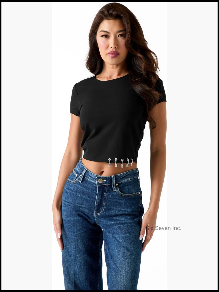 Slim Fit Crop Top With Jewel Detail - Short Sleeve Crew Neck